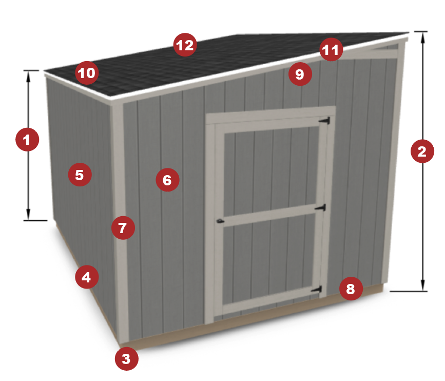 Lean-To Shed rendering with callouts for features