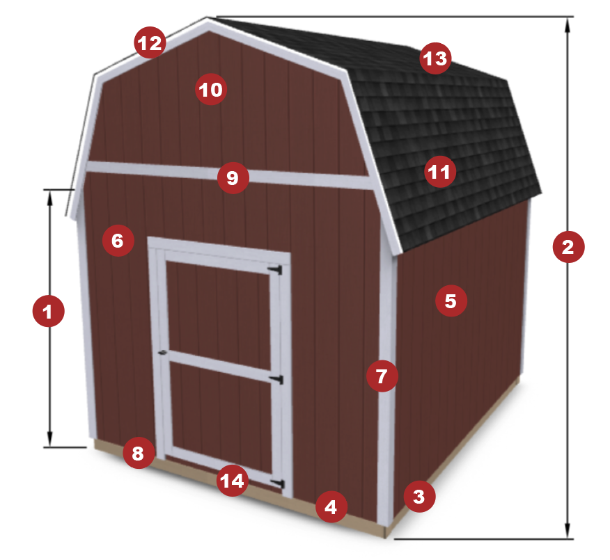 Standard Barn shed rendering with callouts for features